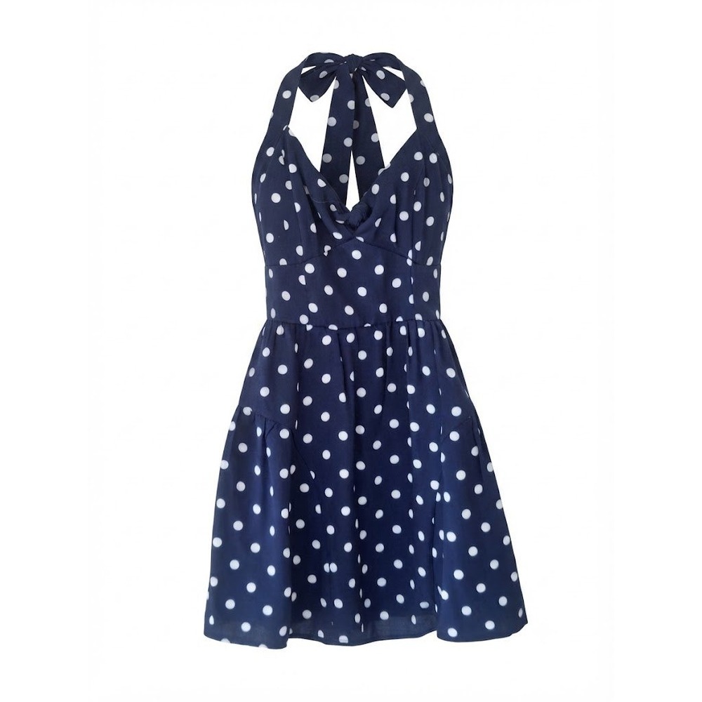 Y2K Trixxi Halter Dress Womens M Blue Polka Dot  Rockabilly Swing Pin-up 1950s